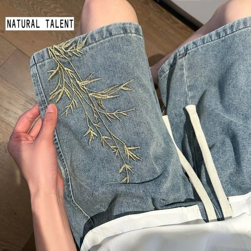 Men's 2026 Summer Retro Washed New Chinese Style Embroidered Denim Shorts Thin Loose Plus Size Streetwear 5-Pocket Capri Pants