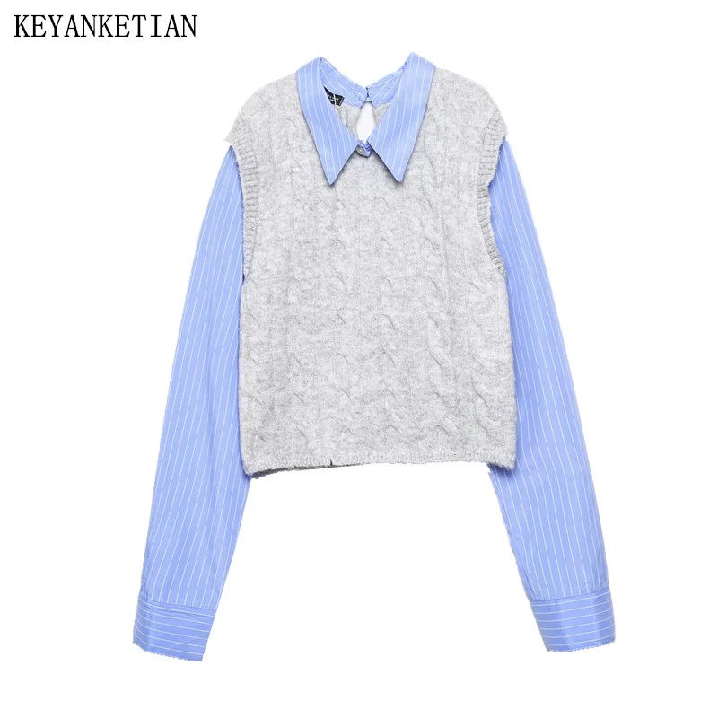 

KEYANKETIAN 2024 New Launch Women's Fake Two Shirt Sleeves Patchwork Twist Sweater Preppy Style Spring Slim Crop Knitted Top