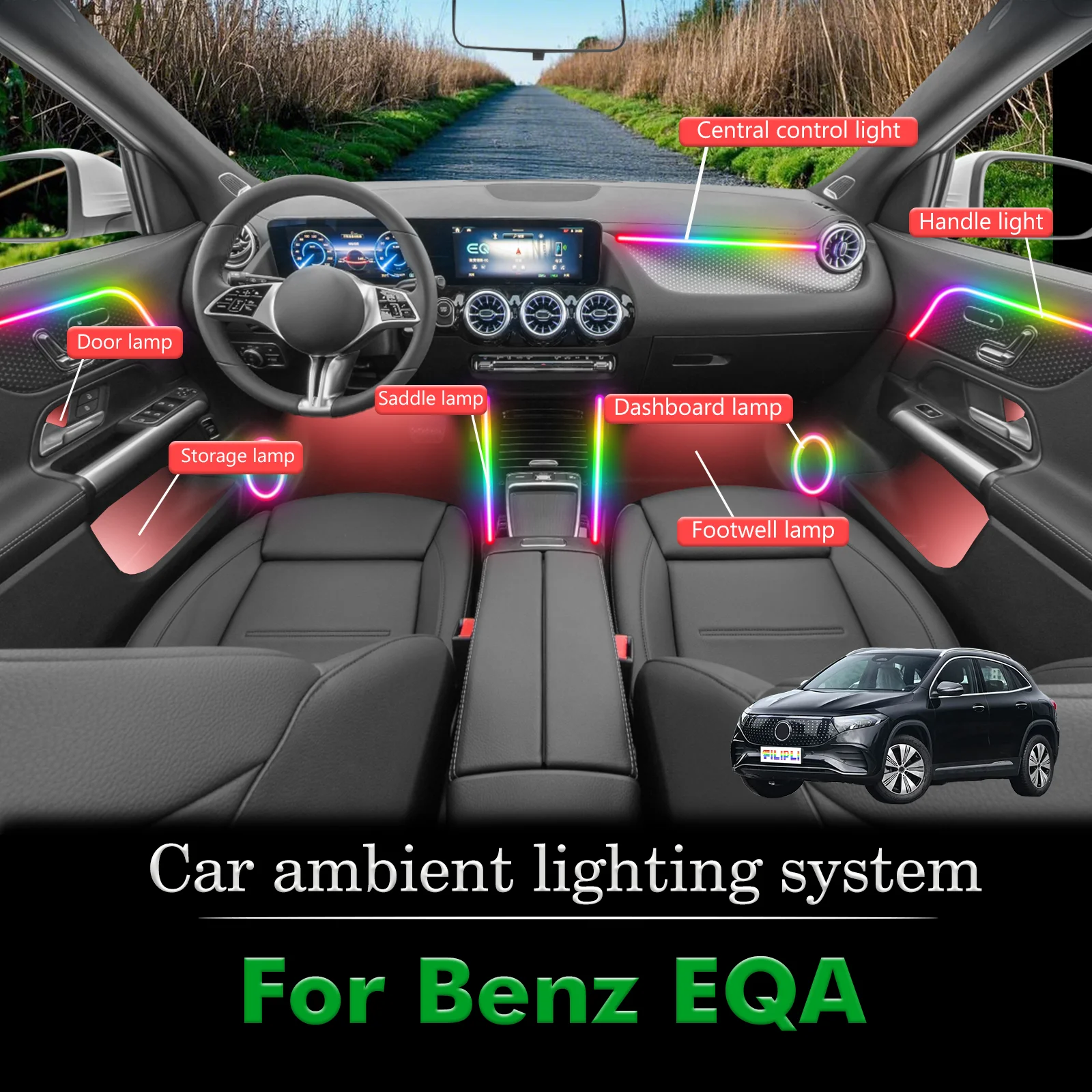 

For BenZ EQA Car Interior Ambient Lamp Kit RGB 64-Color LED Smart Remote Control Energy Saving Efficient Lights
