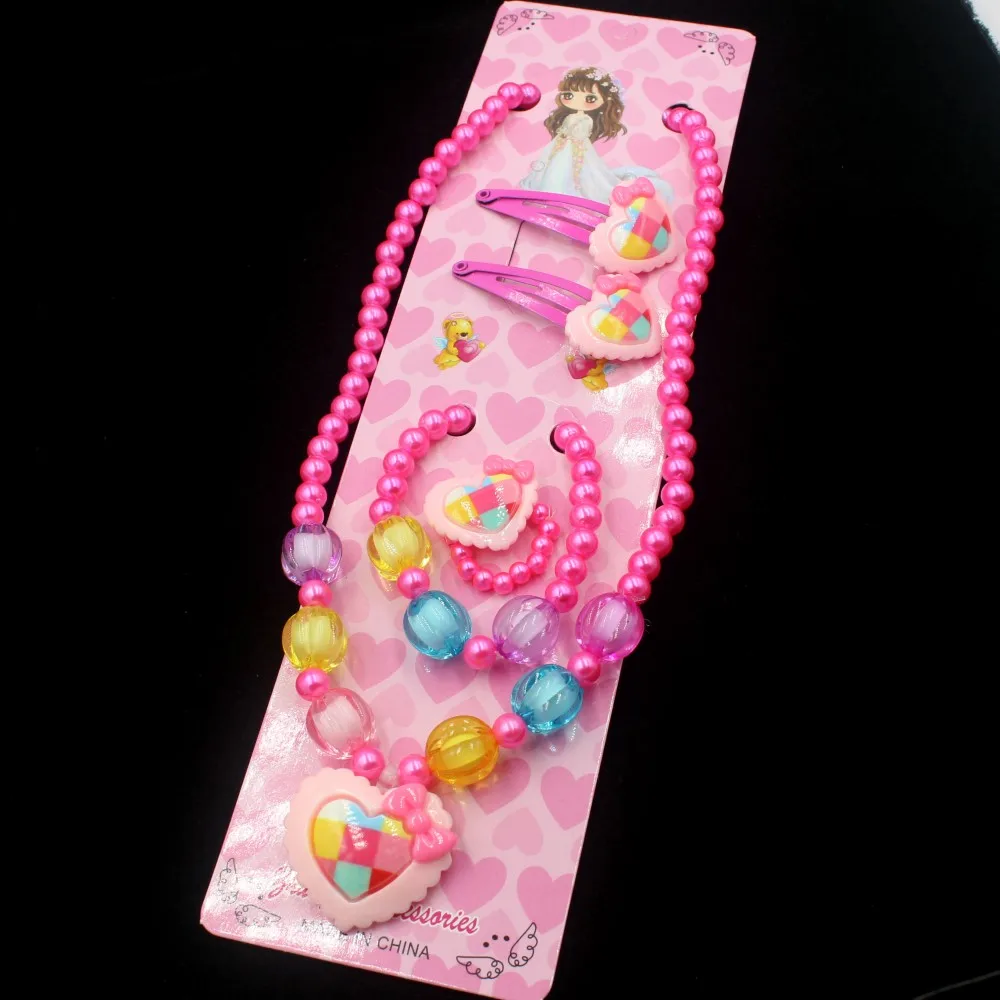 1set Charming Handmade Heart Beaded Kids Jewelry Set - Includes Necklace, Bracelet, Hair Clips Perfect gift for Princess