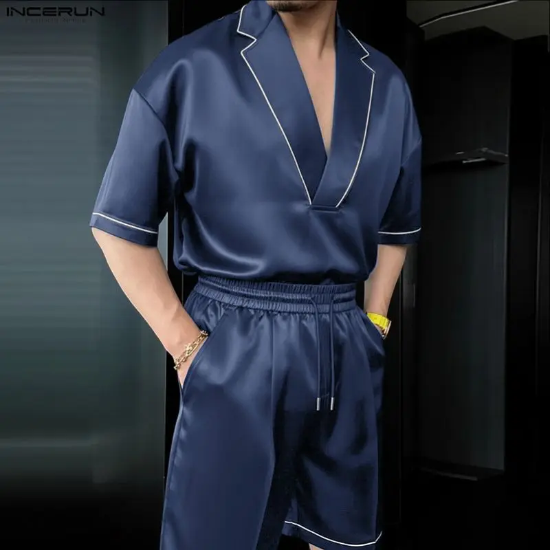 

INCERUN Men's Sets Patchwork V Neck Short Sleeve T Shirt Shorts 2 Piece Sets Streetwear Summer 2026 Fashion Men's Matching Sets