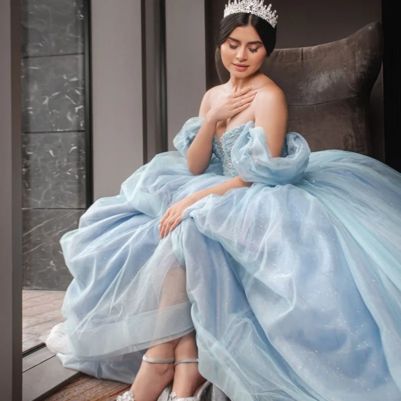 

Customized aqua blue Quinceanera Dresses Off the Shoulder applique crystal Tull Long tail Vestido 15 Quinceanera