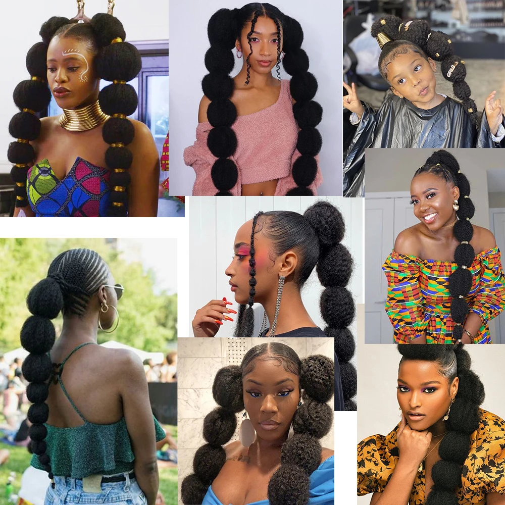 Kinky Afro Puff Ponytail Extension for Kids Black Women 24Inch Long Lantern Bubble Drawstring False Pigtail Synthetic HairPiece