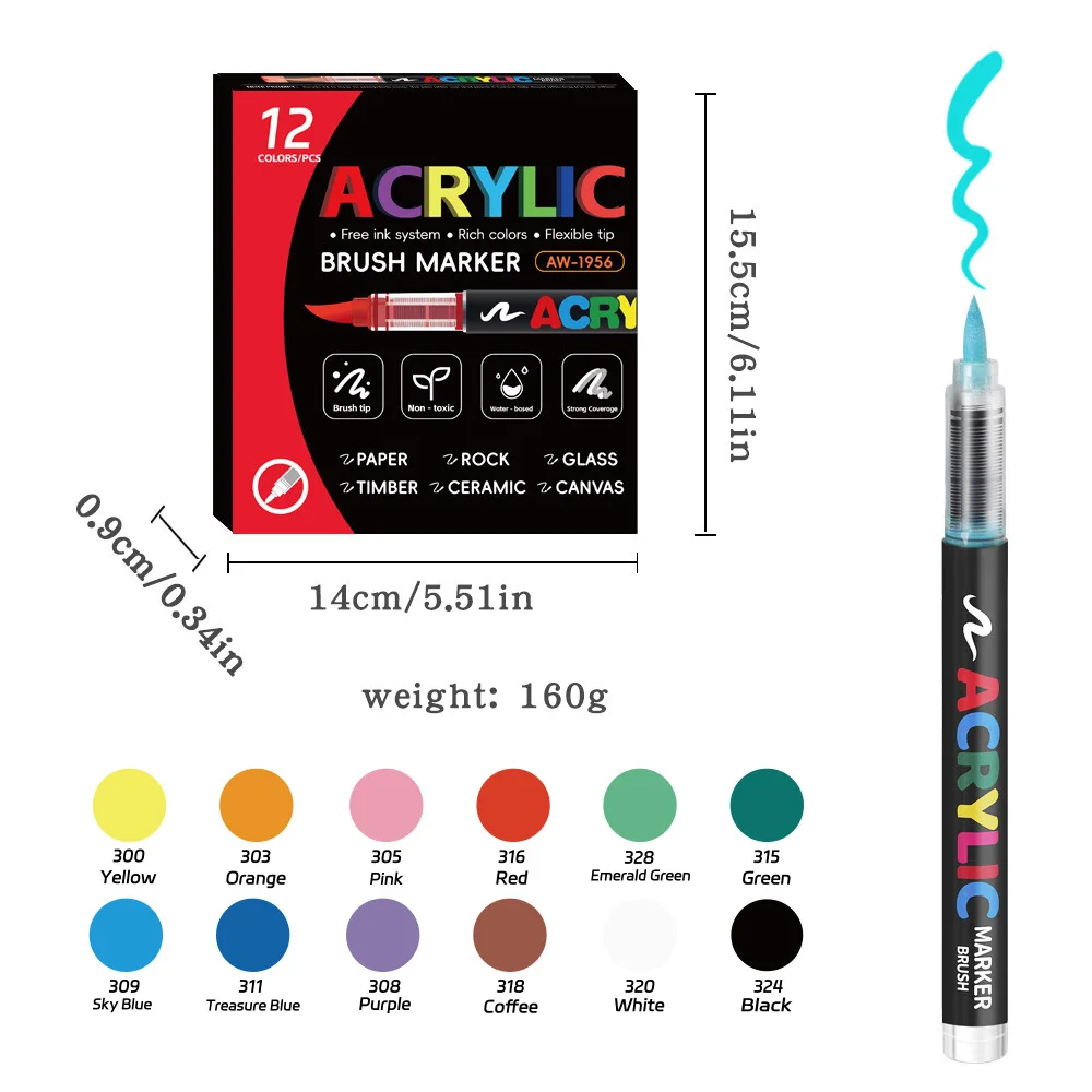 12-366 kleuren acrylverf pen marker penseelpunt verf automatisch inktcontrolesysteem marker voor rotsschildering hout kerstcadeau