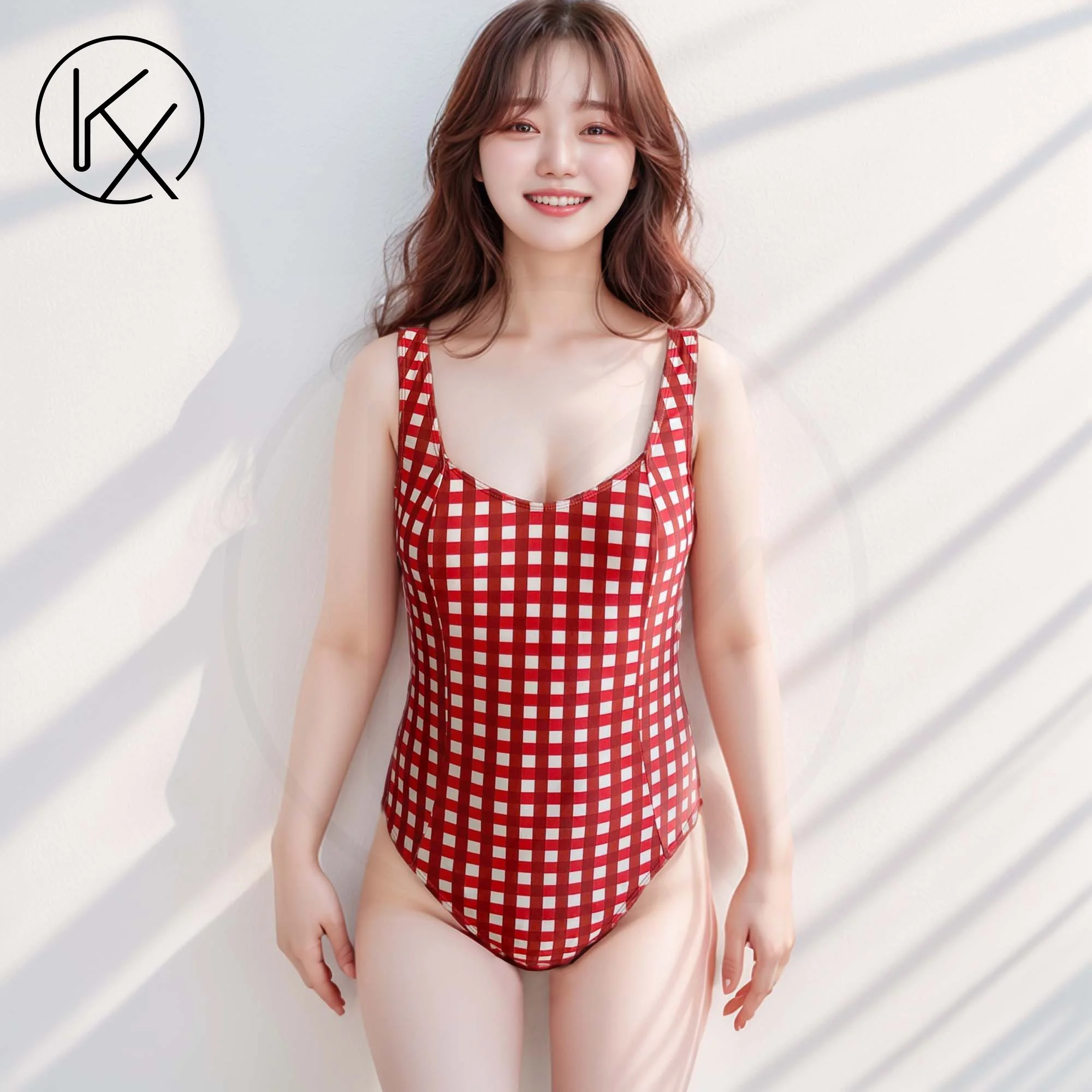 

kaixiggmm Vacation style off shoulder INS fresh sports red and white grid cute one-piece swimsuit pure desire slim fit suspender