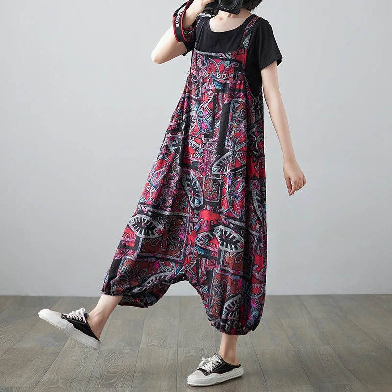 Macacão de linho de algodão com estampa floral, tamanho grande, ajuste solto, calças casuais de verão, calças cargo de nove facas para mulheres plus size