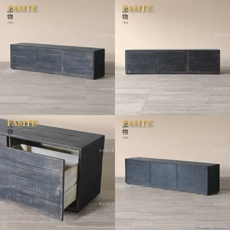For Japanese Style Antique Replica Black TV Cabinet Wabi Sabi  Room Display Long Locker Solid Wood Storage Furniture
