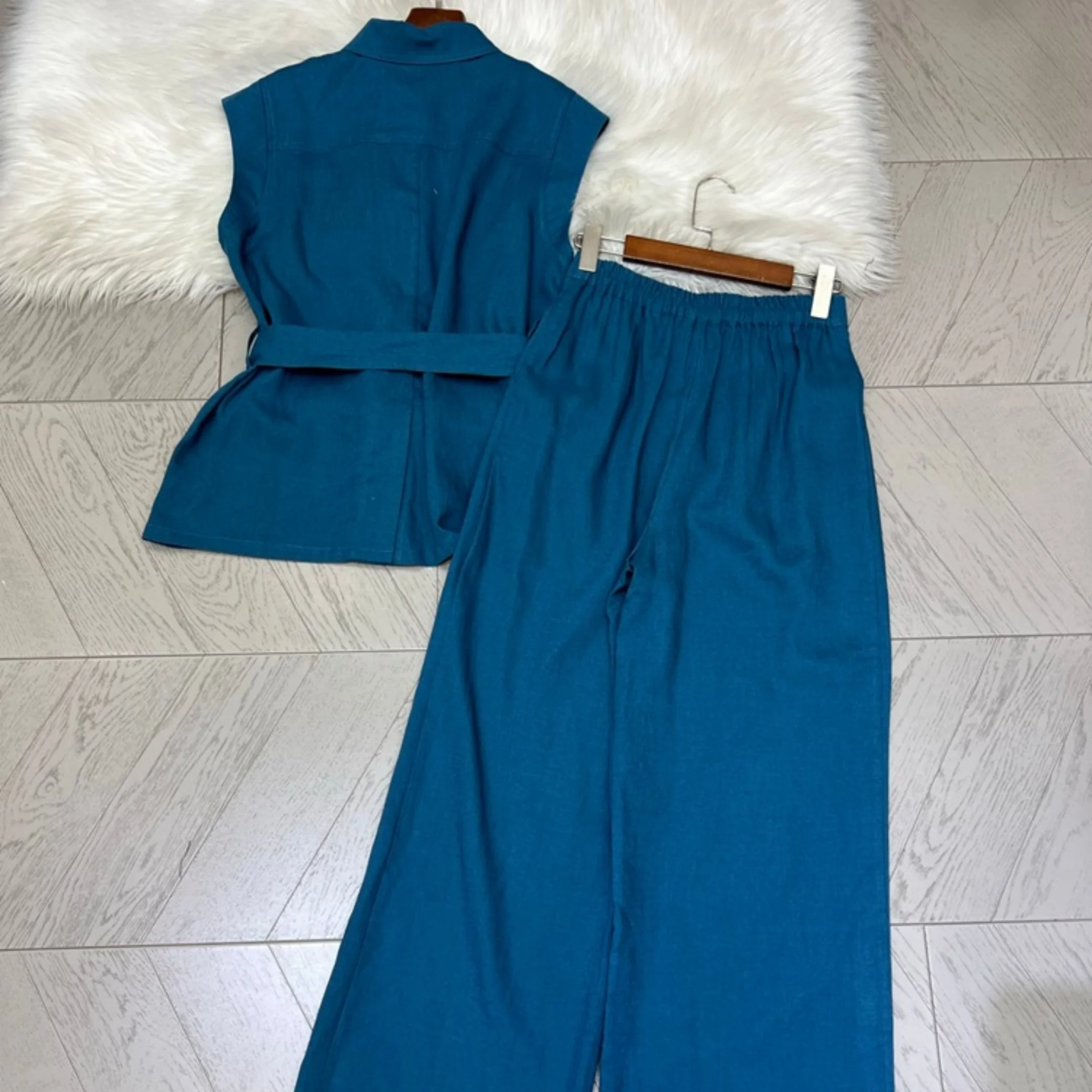 Women's Summer Fashion Belted Top With Long Pants Two-Piece Set