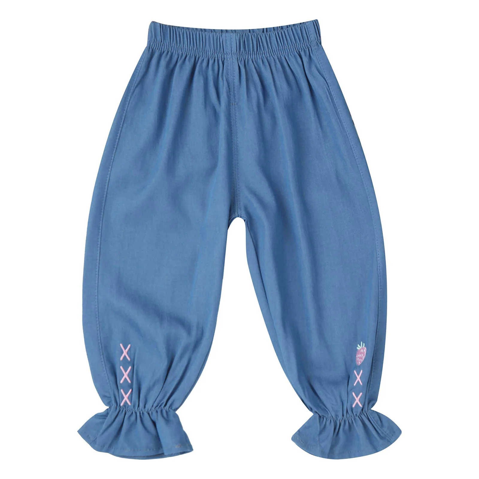 Ropa de verano para niñas pequeñas, pantalones bombachos informales, cintura elástica, bordado de fresas, pantalones acampanados sueltos, ropa diaria para niños