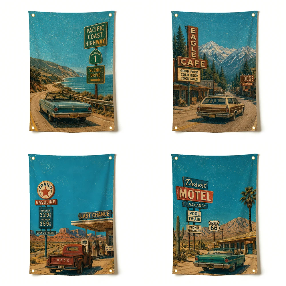 90x150cm Vintage Highway Poster Flag Racing Car Tapestry Garage Bedroom Dorm Decor Gift Ideas Birthday Gift Indoor Outdoor Decor