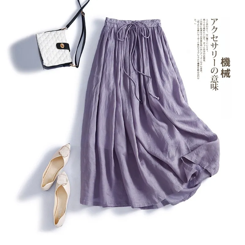 High Waist Double Layered A-Line Skirt for Women Linen Blend Fabric Midi Skirt Artistic Style Belted Waist Pure Color Commute