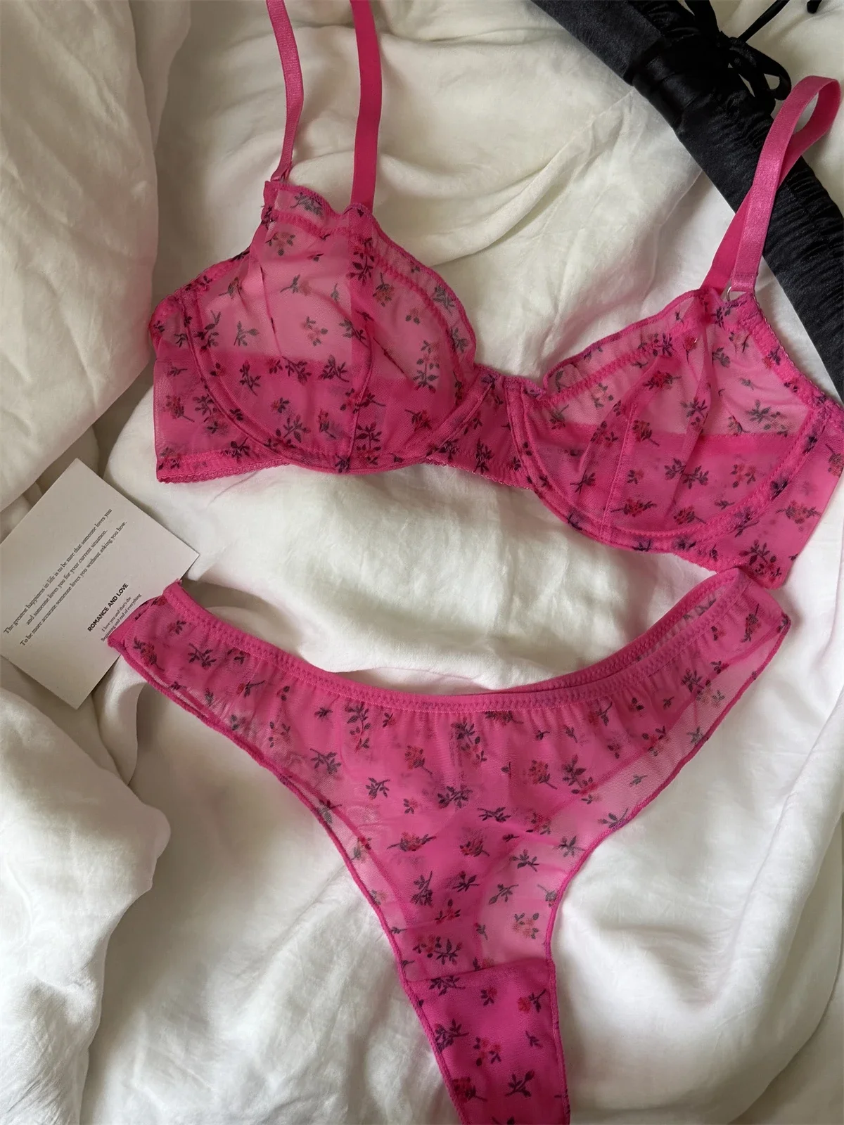 

Розово-розовый кружевной комплект нижнего белья с цветочным принтом и пуш-ап на косточках, женское нижнее белье, дизайн для полных бюстов, бюстгальтер с эффектом похудения