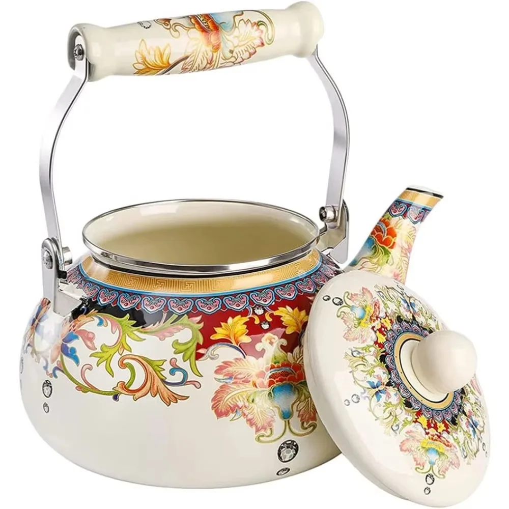 

Chinese Style Enamel Teapot 2.5L Floral Enameled Tea Jug Antiscald Handle Pear-shaped Gas Water Kettle Gas Induction Cooker