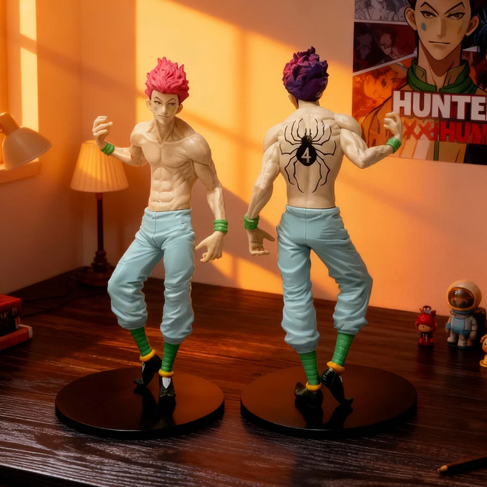 En stock Hisoka Figura coleccionable de PVC de pie: regalo de cumpleaños y abanico para niños, decoración de escritorio
