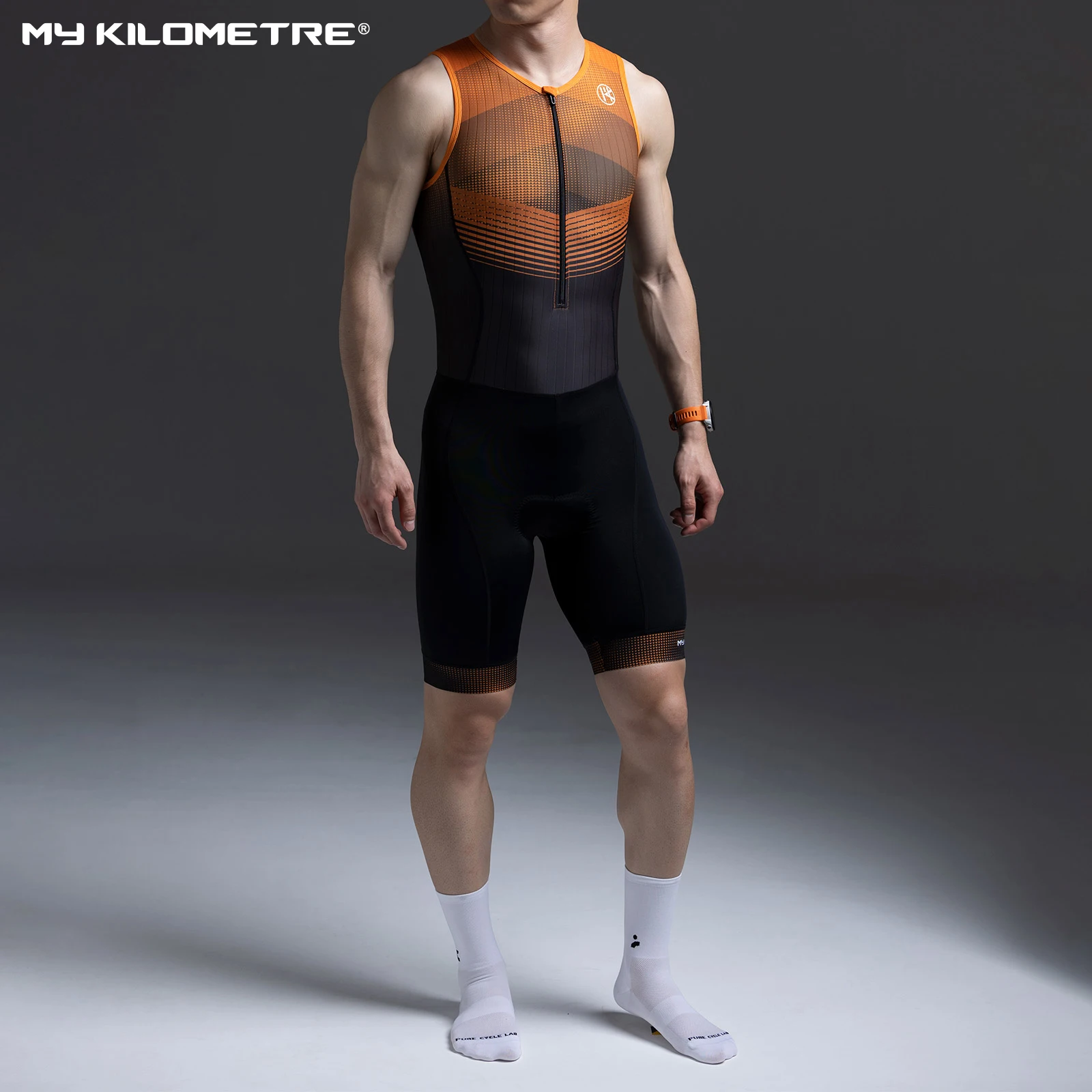 

MY KILOMETRE Triathlon Suits Mens One-Piece Sleeveless Padded Quick-Dry Swim Bike Run with Pockets
