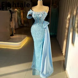 Customized Luxury Sky Blue Sequins Mermaid Evening Dresses For Wedding Party One Shoulder Corset Prom Dress Dubai Party Gown