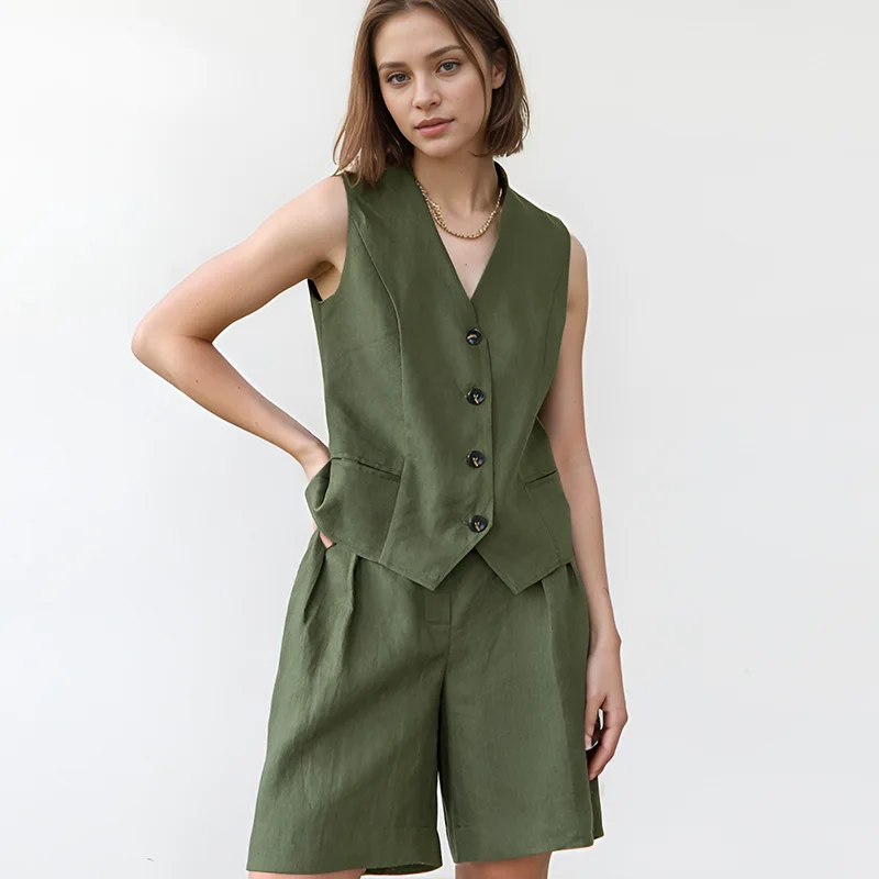 

Women's Casual Vest Shorts Set Summer 2025 Two-Piece Suit Fashionable Splice Design No-Sleeve Top Comfortable Breathable Fiber