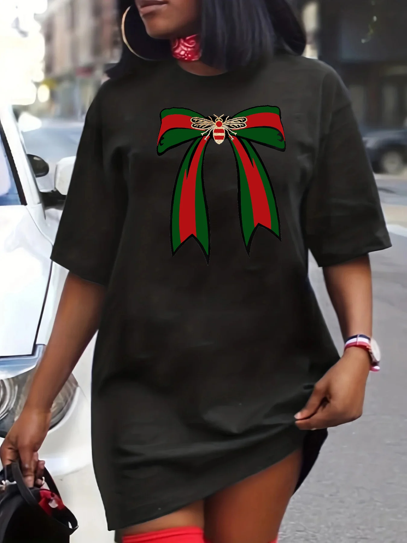 Abito T-shirt da donna a maniche corte con scollo tondo stampato con motivo a fiocco ape taglie forti primaverili ed estivi