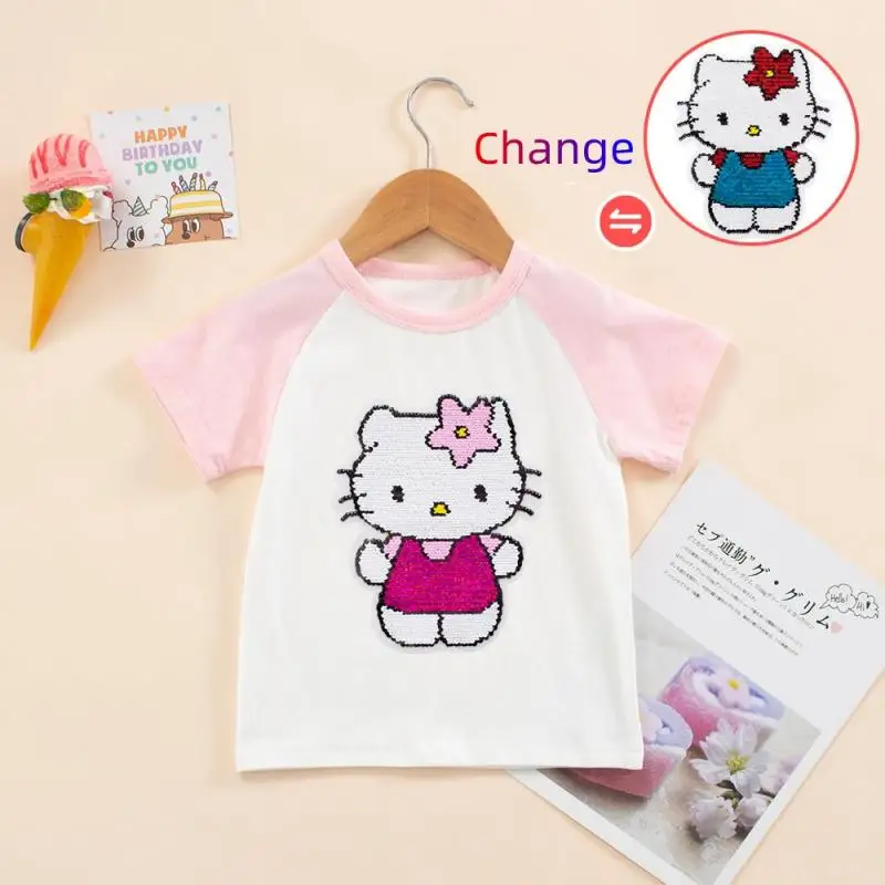 Sanrios Hellokittys Anime Kawaii Summer Kids Cotton Short-Sleeved T-Shirt Clothes Sequin Variable Pattern Girls Half-Sleeved Top