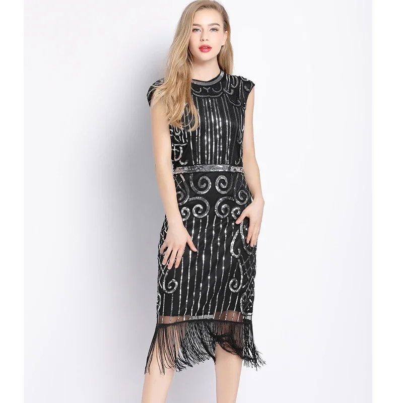 

Hawlife Vintage Inspired Sequin Embellished Fringe Long Gatsby Sleeve Geometric Dress 005