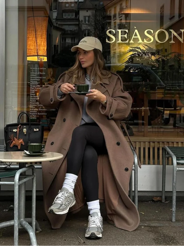 Модное мини-пальто с поясом и макси для женщин, элегантное однобортное пальто с лацканами и широкими плечами, женская осенне-зимняя верхняя одежда