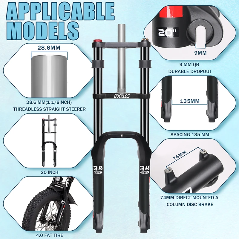 Garpu Suspensi Sepeda BUCKLOS 20/26 inci 4.0 Ban Tebal, Travel 180mm, 9*135mm, Garpu Pegas Oli E-Bike, Garpu Coil Double Crown untuk Sepeda Salju