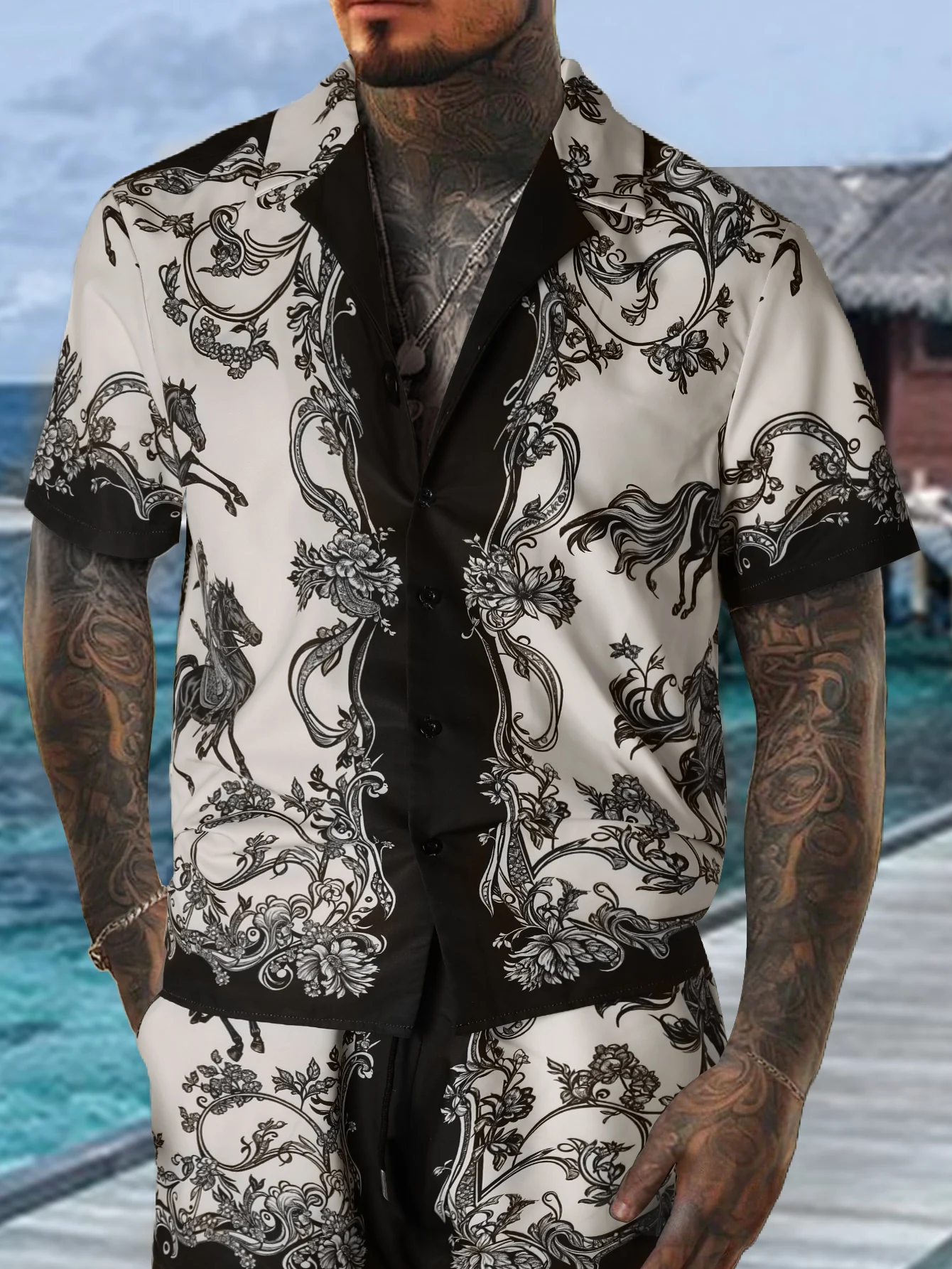 

Men's Black & White Knight Vintage Print Set 2 Piece Cuban Collar Shirt & Drawstring Shorts Casual Outfit