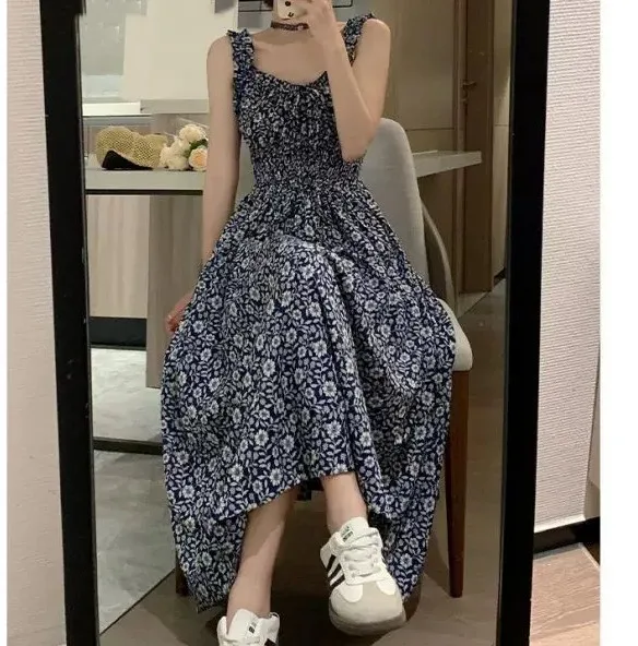 Floral Printed Women's Drawstring U-Neck Maxi Dress Ruffled Stitching Sleeveless Elastic Waist Female Robe