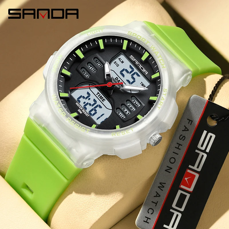 SANDA Fashion New LED Luminous Digital Sport Ladies Watch Dual Display Waterproof Timer Luxury Women Electronic Quartz Watch Hot