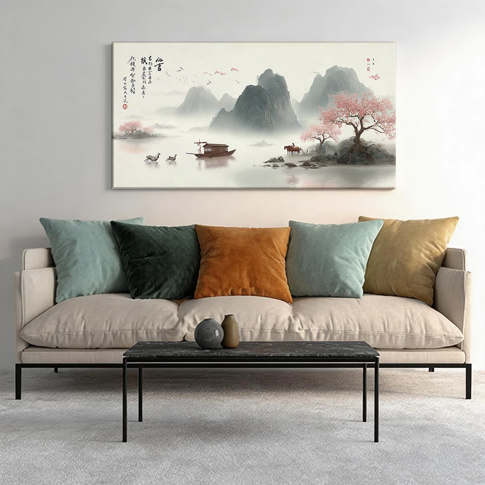 Cuadro de lienzo con marco de madera maciza de gran tamaño, 1 pieza, paisaje chino, barco, caballos.