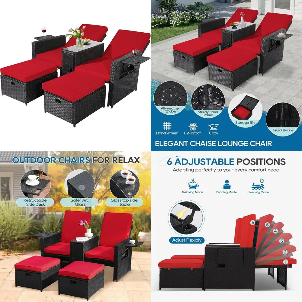 Adjustable Outdoor Wicker Lounge Chairs with Ottoman and Coffee Table for Patio Relaxation