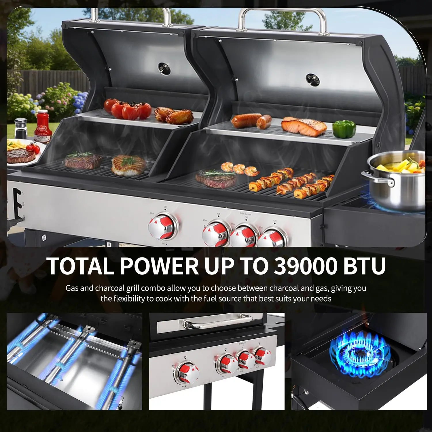 Propane Gas and Charcoal Grill Combo | Griddle Grill with Side Burner | BBQ Grills 2-in-1 | 41,500 BTU Output, 673 SQ IN Cooking