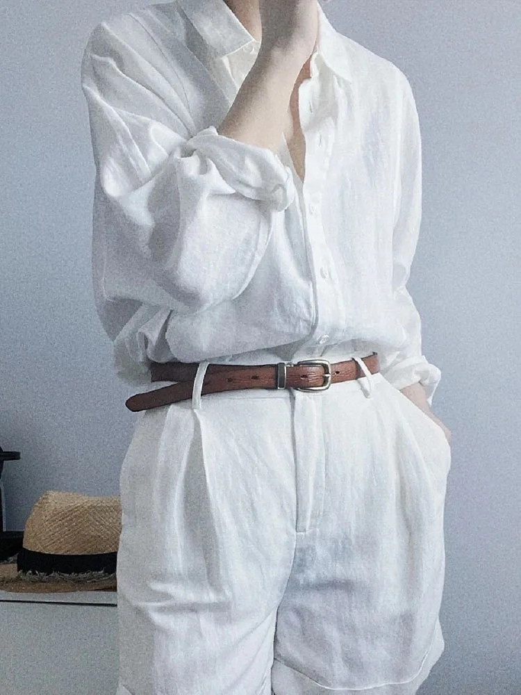 

Sun Protection Linen Cotton Blend irt Women's Summer Thin Collar White Flip Linen Top Simple Sle Long Sve Pure Color