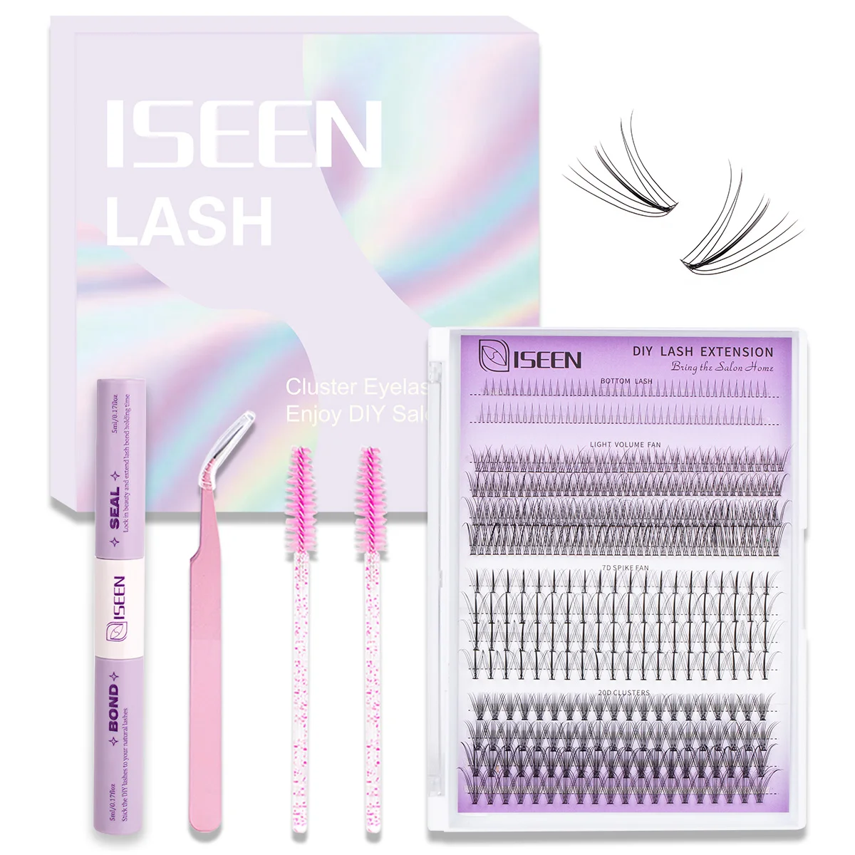 ISEEN DIY Eyelash Extension Kit Individual Eyelashes Kit with Lash Bond & Seal and Lash Tweezers and Brush