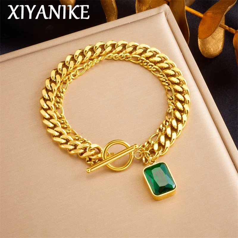 XIYANIKE 316L Stainless Steel Square Turquoise Bracelet For Women Fashion Gold Color Wrist Chain Jewelry Gifts Wholesale Bijoux