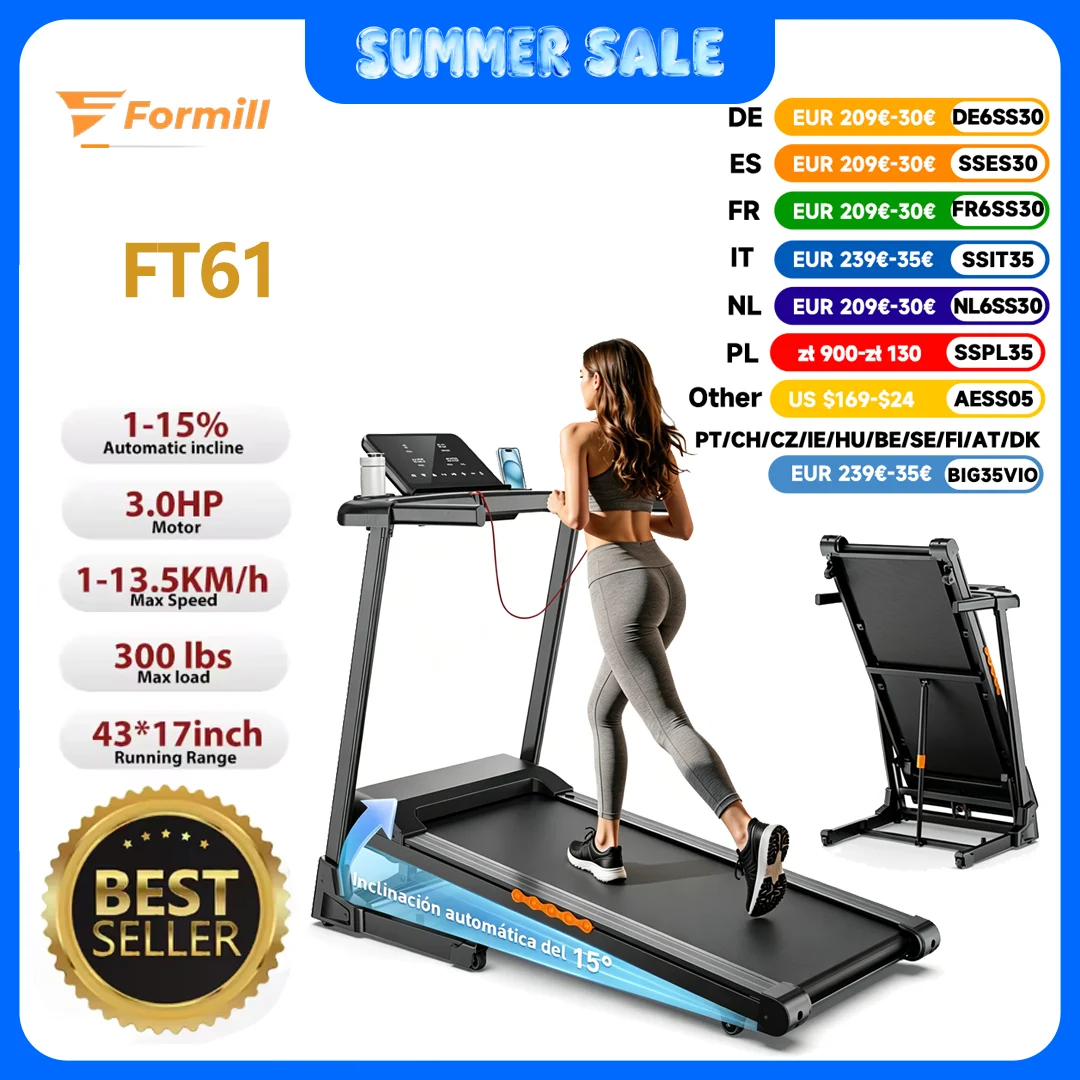 Tapis roulant pliable Formill FT61 3.0HP, inclinaison de 15 %, 13,5 km/h, bande de 17 x 43 pouces, charge de 300 lb, silencieux, écran LCD, amortissement des chocs pour la maison
