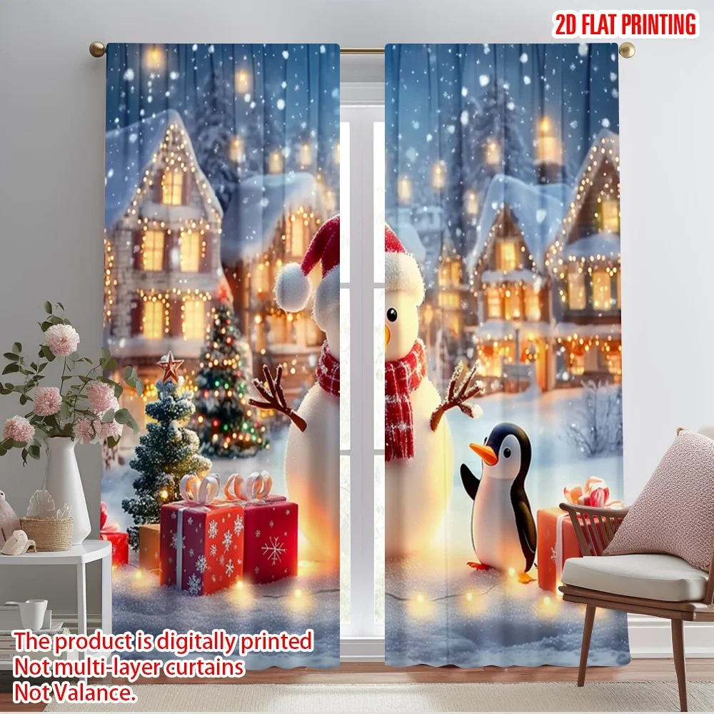 2pcs,2D plane printing Curtain Fabric Snowmen_ penguins 100% Polyester (without rod) Decorations For Home for Bedroom, Living