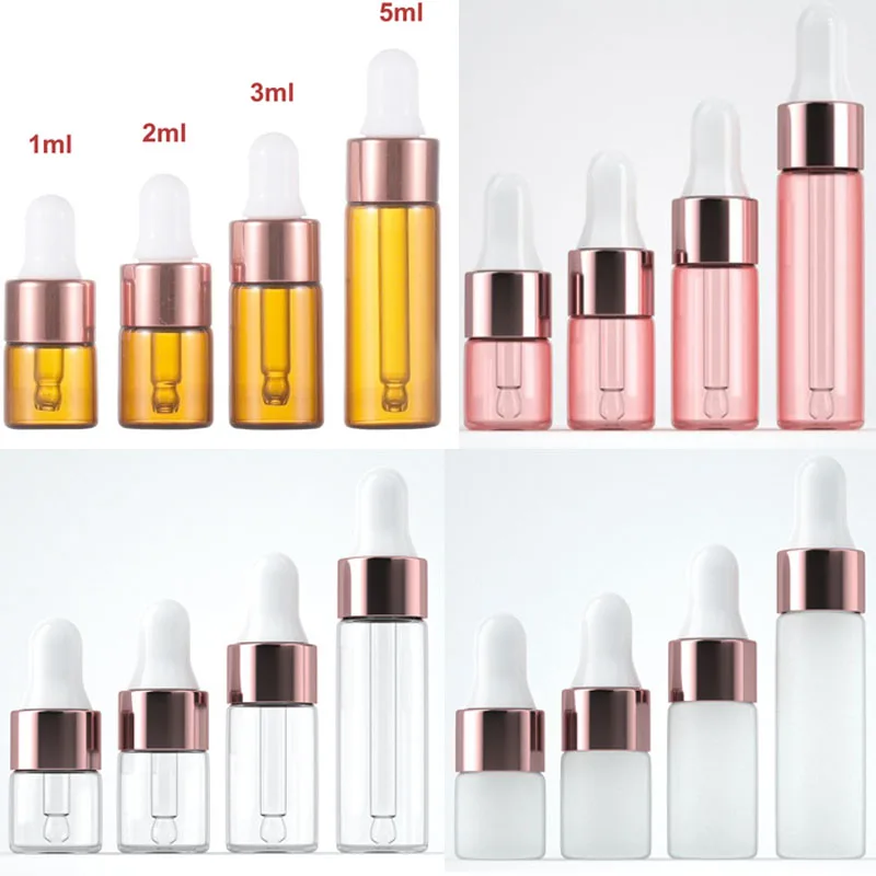 100 X 1/2/3/5 ML Pink Rose Gold Glass Bottles With Pipettes Refillable Empty Essential Oil Bottles Mini Dropper Sampl Bottles