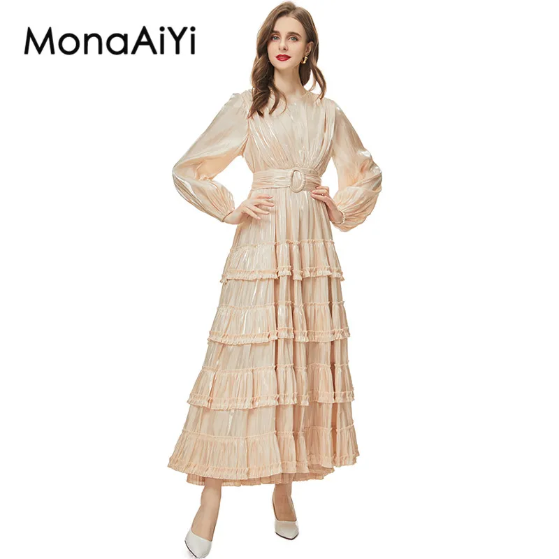 MonaAiYi New Fashion Runway Designer Women's V-Neck Lantern Sleeves Flounced Edge Detachable Frenulum Fold Khaki Color Dress