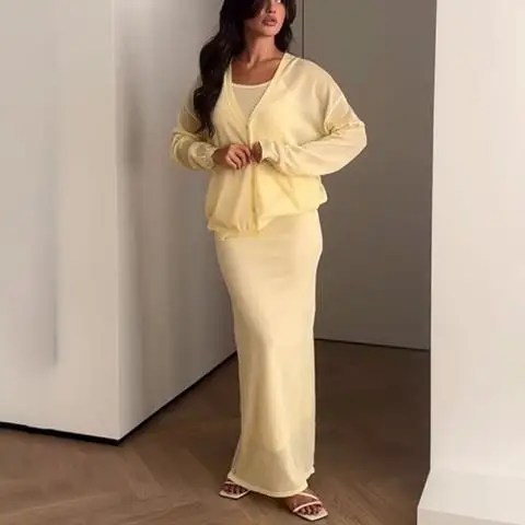 Autumn 2025 Solid Color Long Sleeved Button Up Jacket and Sleeveless Camisole Dress Set for Women's Elegant Slim Fit 2-Piece Set