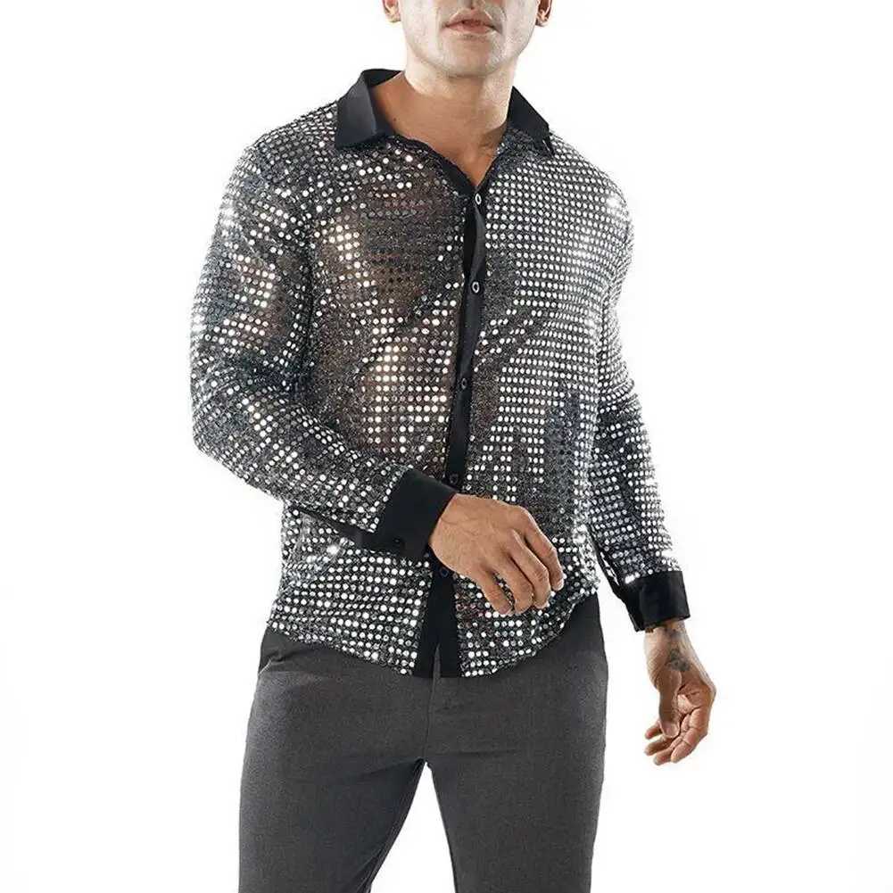 Mens Sparkly Sequins Long Sleeve Party Dance Shirts Retro 70S Disco Nightclub Shirt Tops