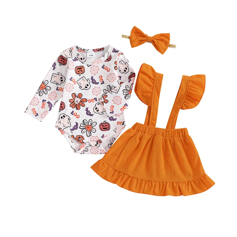 

Baby Girl Halloween Outfit Ghost Pumpkin Print Long Sleeve Romper with Suspender Skirt and Bow Headband Set