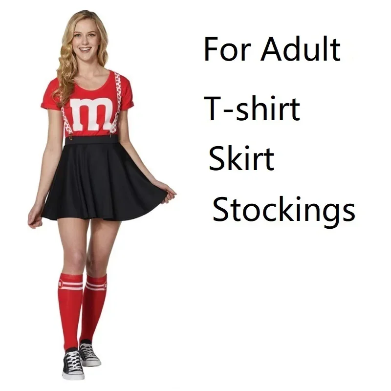 New 2025 Kids M & M's Costume Cheerleader Uniform Kit with Suspender Family Games Parents-Child Clothing Outfits T-Shirt BlX158
