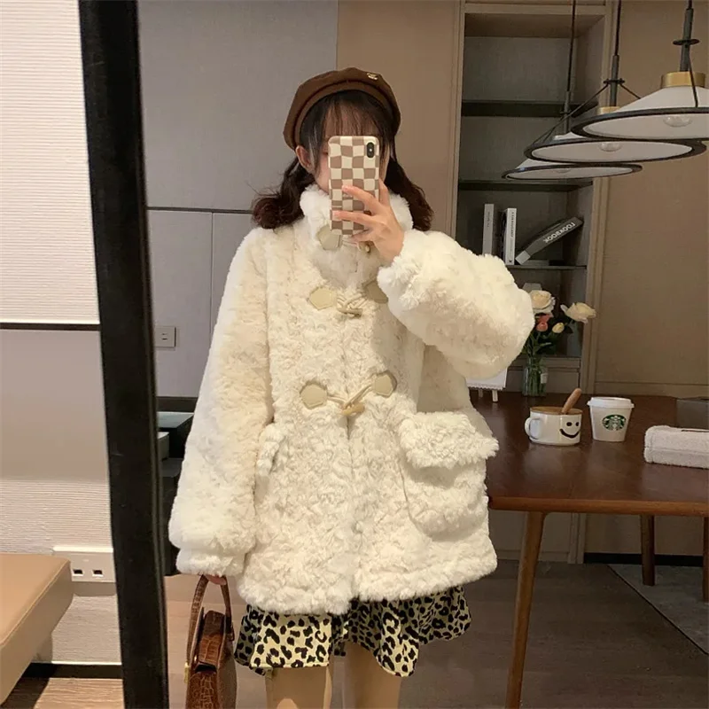 New Versatile Commuter Lamb Wool Coat for Women's Mid length Outwear with Thickened Plush Standing Collar Loose Rabbit Hair Coat