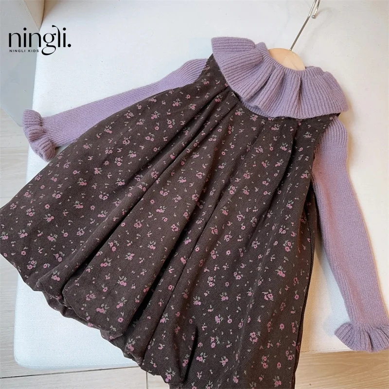 

Women's Baby Dress Autumn and Winter Korean Girl Corduroy Floral Skirt Fashion Children Vest Skirt Two-Piece Set