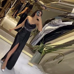 Modern Black Women's Mermaid Graceful Evening Dresses Classic Spaghetti Strap Prom Gowns Charming High Split Vestido De Noche