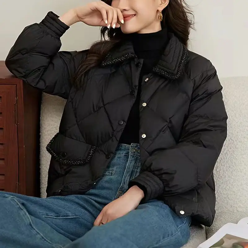 Women Parkas Coat Solid Short Jacket Quilted Pocket Turn Down Collar Long Sleeve Single Breasted Loose Casual 2026 Autumn Winter