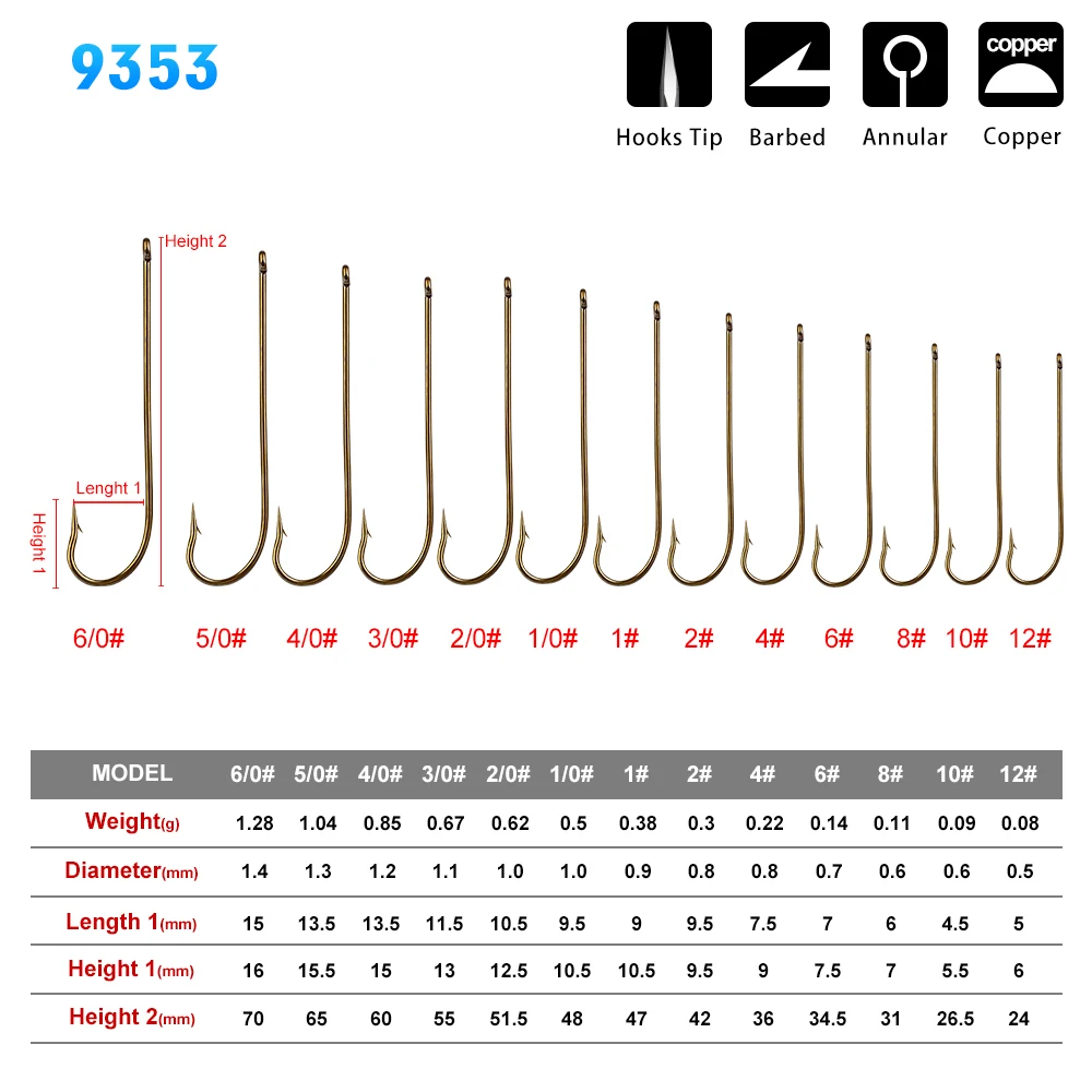 

Lot 100pcs Single Fishing Hook 12#-6/0# Sharp Tip Single hook Copper Barbed High Carbon Steel Fishhook Annular Hook