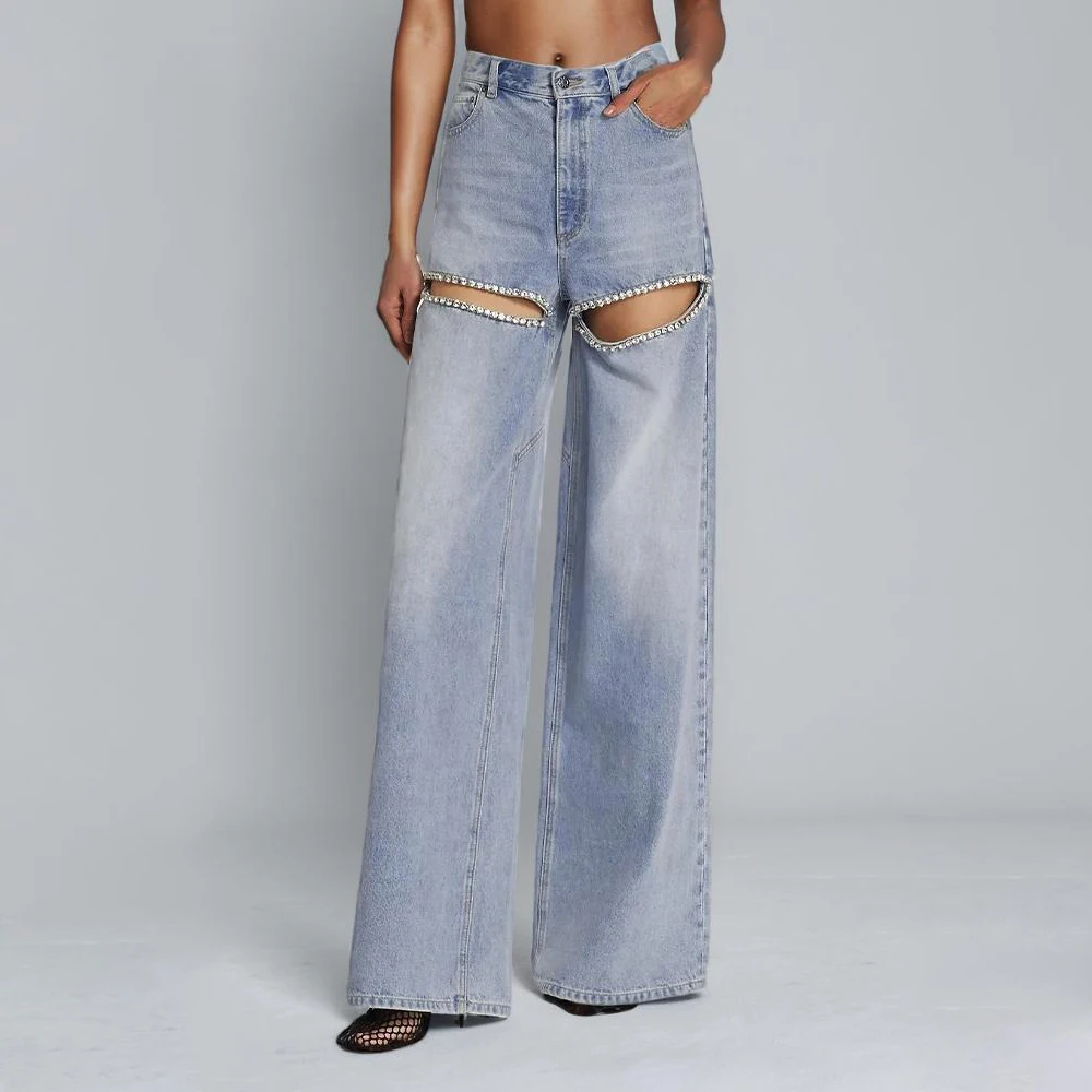 Hollow Out Denim Jeans For Women High Waist Patchwork Diamonds Solid Loose Casual Wide Leg Pants Female Fashion Clothes