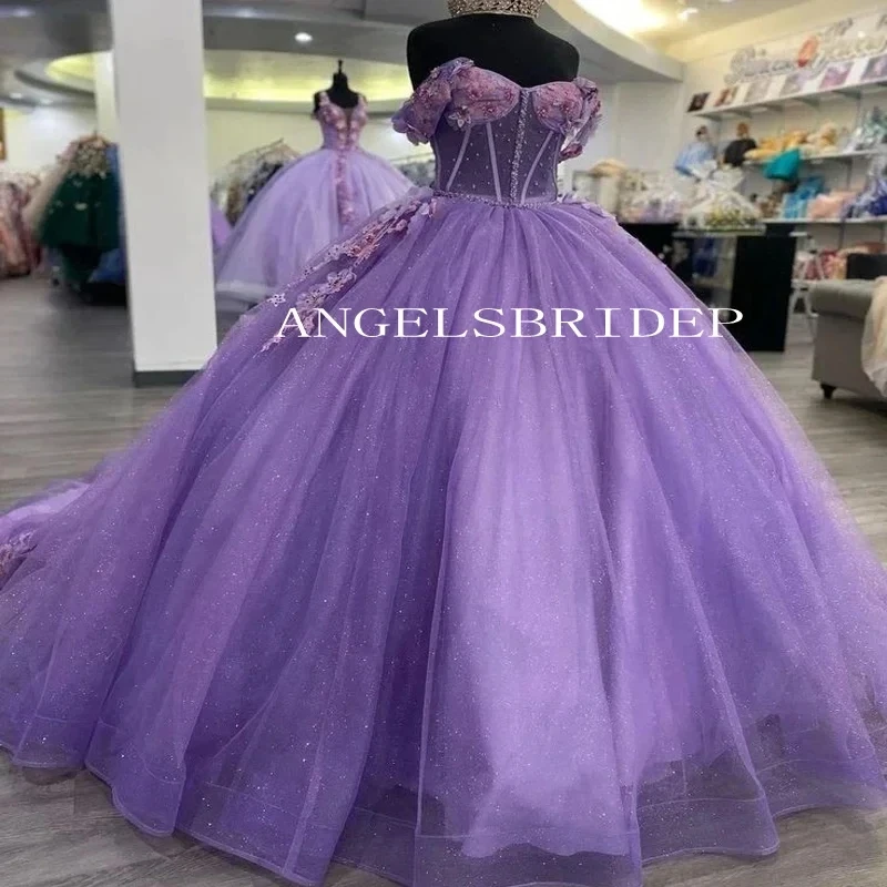 Angelsbridep-vestido de baile de quinceañera con flores en 3D, vestido púrpura brillante con escote Corazón, dulce 16, 2024, hombros descubiertos, Princesa, cumpleaños